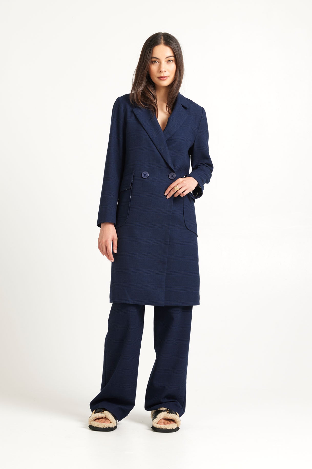 アトリエGG Twiggy coat Dark Navy Women's Coat | Non Wool Check Design – Tuesday Label